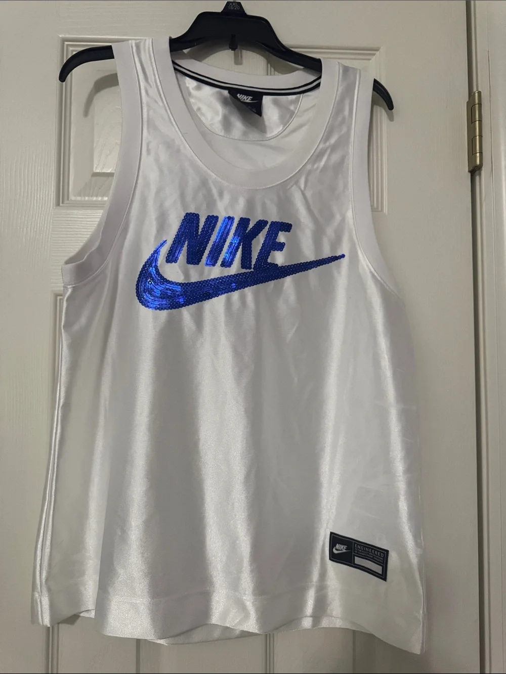Nike White Ladies Tank with Blue Sequin Swoosh